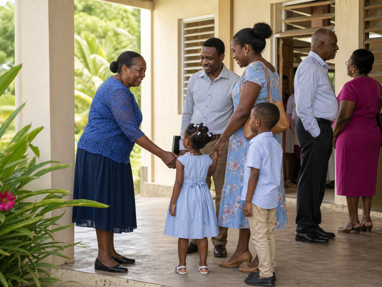 Members of a Caribbean church community gathering outside after worship.